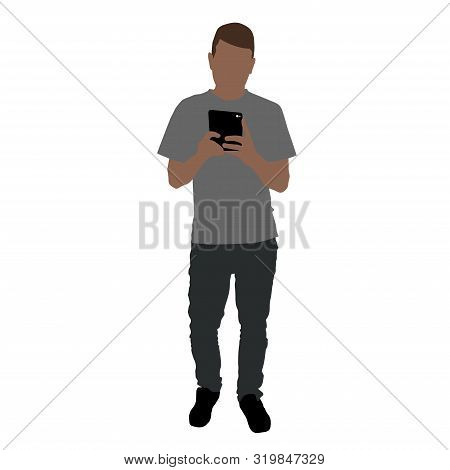 Man Taking Full Length Selfie In The Mirror. Isolated Stock Flat Vector Illustration