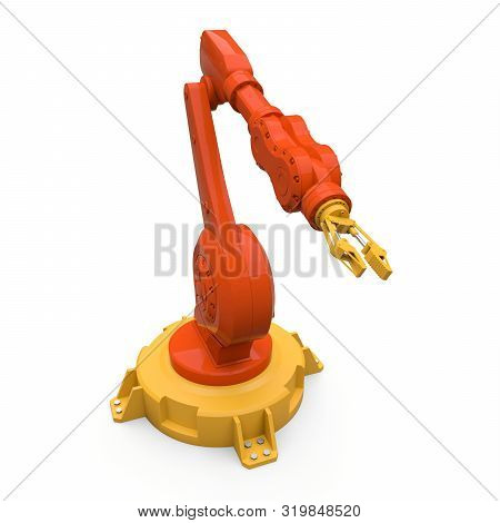 Robotic Orange Arm For Any Work In A Factory Or Production. Mechatronic Equipment For Complex Tasks.