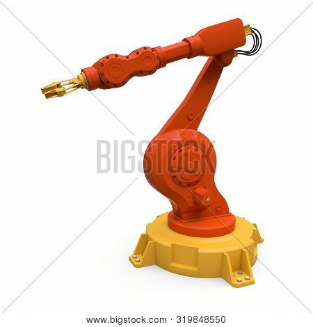 Robotic Orange Arm For Any Work In A Factory Or Production. Mechatronic Equipment For Complex Tasks.