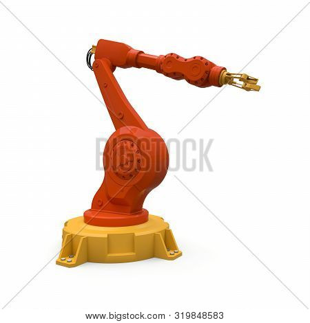 Robotic Orange Arm For Any Work In A Factory Or Production. Mechatronic Equipment For Complex Tasks.