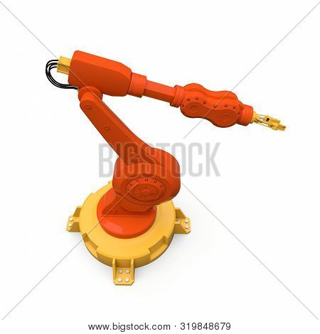 Robotic Orange Arm For Any Work In A Factory Or Production. Mechatronic Equipment For Complex Tasks.