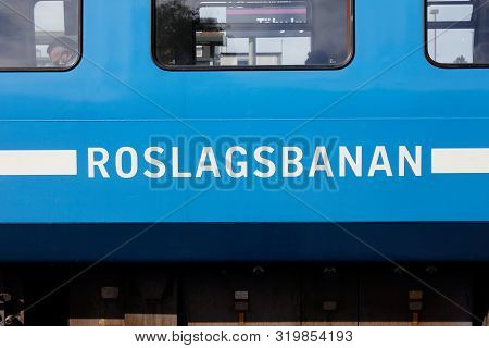 Taby Kyrkby, Sweden - August 30, 2019: Close-up View Of The Sl Roslagsbanan Commuter Train Service P