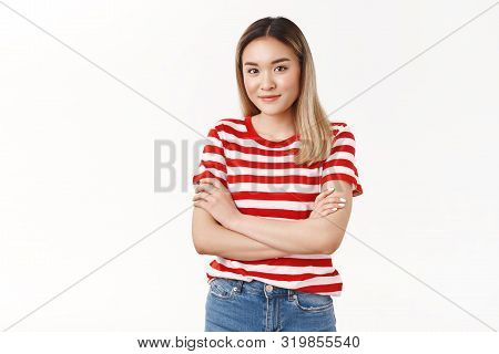 Cute Modest Asian Blong Teenage Girl Sighing Watching Distance Classmate Feel Sympathy Cross Fingers