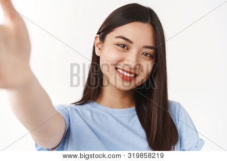 Authentic Body-positive Shot Asian Cute Tender Happy Girl Extend Hand Hold Camera Taking Selfie Smar