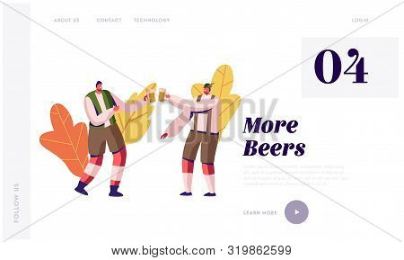 Oktoberfest Website Landing Page. Couple Of Men In Traditional Bavarian Costumes Trachten Clinking M
