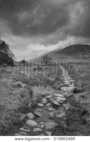 Beautiful Winter Landscape Image Looking Along Valley From Crimpiau Towards Mount Snowdon In Black A