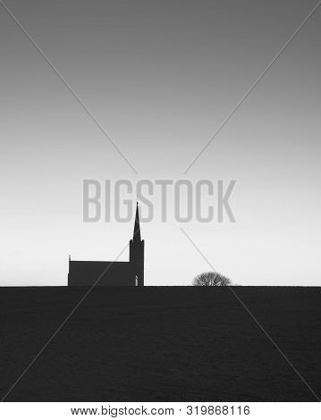 Church Building Silhouette And Tree On Horizon Lonely Peaceful Quiet Place Of Worship