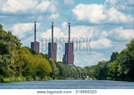 Teltow, Brandenburg, Germany - August 14, 2019: The Berlin Lichterfelde Power Station With Its Three