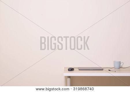 Blank Office Desk Work Background Empty Wall Laptop Cable Mouse Pen Cup Mug