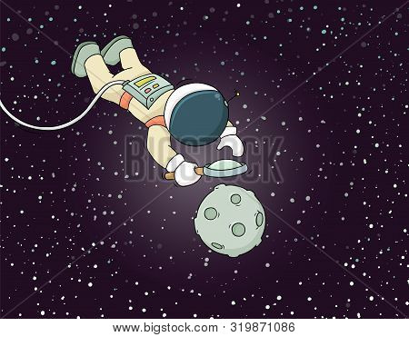 Sketch Of Astronaut With Loupe. Doodle Cute Scene About Space Reseach. Hand Drawn Cartoon Vector Ill