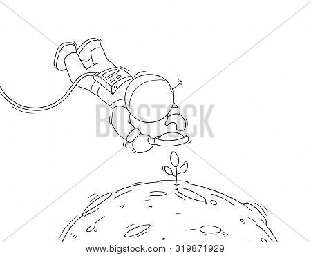 Sketch Of Astronaut With Loupe. Doodle Cute Scene About Space Reseach. Hand Drawn Cartoon Vector Ill