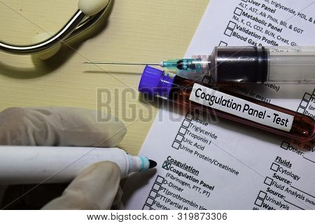 Coagulation Panel - Test With Blood Sample. Top View Isolated On Office Desk. Healthcare/medical Con
