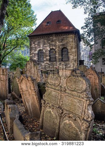 Prague, Czech Republic - September 26, 2018: Tombstones On Old Jewish Cemetery In The Jewish Quarter
