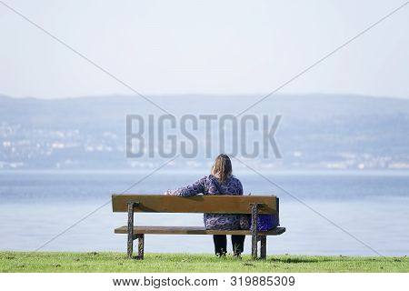 Single Lady Lonely On Park Bench At The Sea Enjoy Peace And Quiet For Mindfulness Meditation