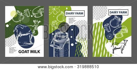 Agricultural Brochure Layout Design. An Example Of A Backdrop For Milk Farm. Vector Image Of Goat, M
