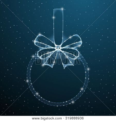 Bow Ribbon Low Poly Sign On Blue Sky Background. Polygonal Ribbon With Dots, Lines And Strars. Vecto