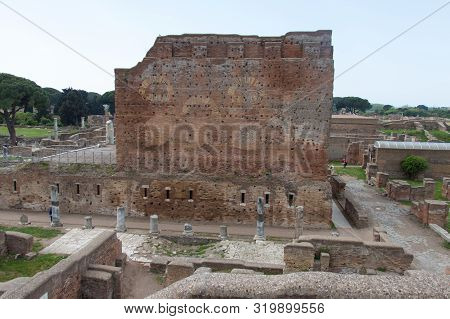 Italy, Ostia - April 16 2017: Back View Of Capitolium In The Ancient Roman Port Of Ostia Antica On A