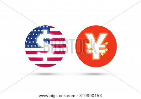 Us Dollar And China Yuan Sign On Flag With White Background. It Is Symbol Of Economic Tariff Trade W