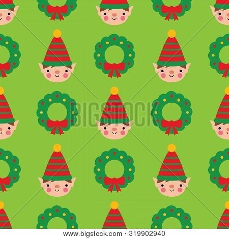 Seamless Pattern With Cute Cartoon Elf And Christmas Wreath