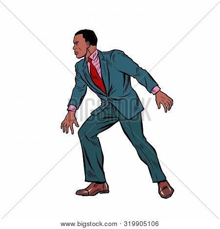 Wary African Male Businessman. Pop Art Retro Vector Illustration Drawing