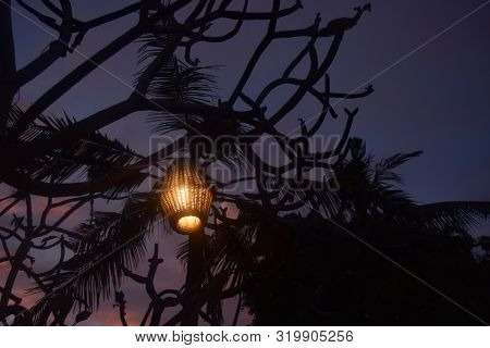 A Wooden Lamp Hanging On The Palm Tree In Nusa Dua Beach, Bali, Indonesia.