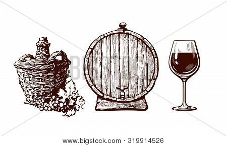 Set Of Hand Drawn Elements For Wine Design. Demijohn Bottle With Bunch Of Grapes, Old Wooden Barrel 