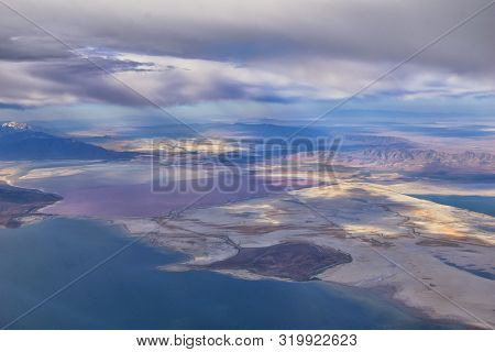 Great Salt Lake Utah Aerial View From Airplane Looking Toward Oquirrh Mountains And Antelope Island,