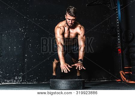 Push Ups Jump, Young Strong Sweaty Focused Fit Muscular Man With Big Muscles Doing Push Ups With Jum
