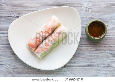Top View Of Served Nem Cuon (fresh Vietnamese Nem Roll With Shrimps, Mango And Ginger) On White Plat
