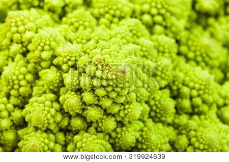 Natural Food Background - Texture Of Fresh Romanesco Broccoli Cabbagehead Close-up