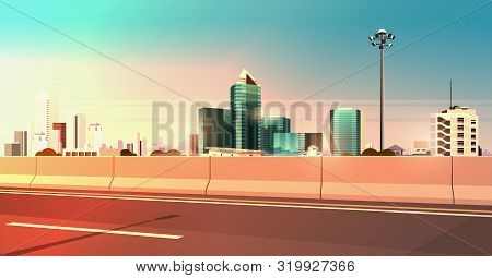 Highway Asphalt Road With Chipper City Skyline Modern Skyscrapers Cityscape Sunset Background Flat H