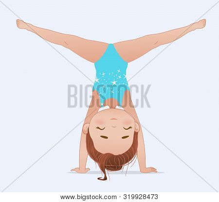 Beautiful Girl Doing Handstand And Split. Stretching Or Yoga Exercise. Flexible Gymnastics Girl Vect