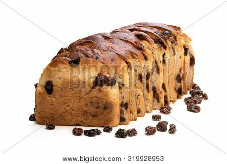 Sliced  Irish Fruit Loaf With Sultanas And Cherries Isolated On White
