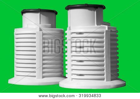 White Plastic Caisson For Water From A Well. Large White Barrel With Lid For Septic Tank. Isolated G