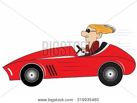Illustration Of A Cartoon Deadpan Racer On A Race Car On A White Background