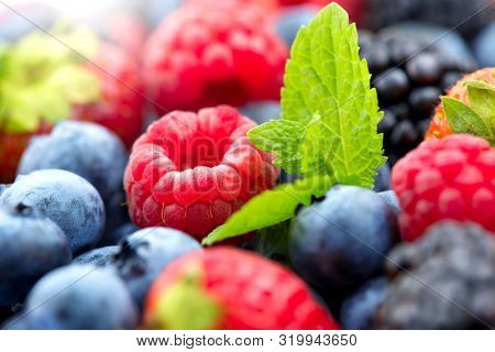 Berries. Various colorful berries background. Mint leaves, Strawberry, Raspberry, Blackberry, Blueberry close-up backdrop. Fresh Bio Fruits, Healthy eating, diet, dieting concept, organic food