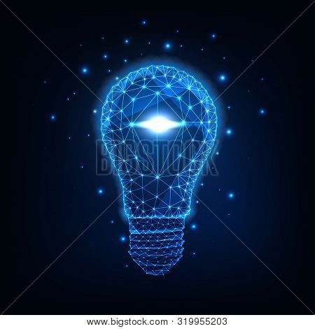 Futuristic Glowing Low Polygonal Light Bulb Isolated On Dark Blue Background.