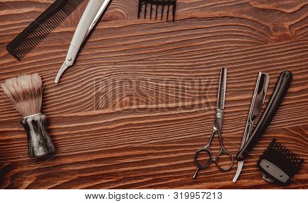 Hairdresser Barber Shop Tools On Old Wooden Background, Copy Space