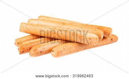 Bread Sticks Isolated On White Background. Grissini, Italian Breadsticks With Onions And Herbs.