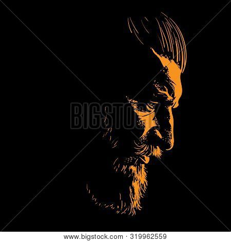 Brutal Bearded Man Portrait In Backlight. Vector