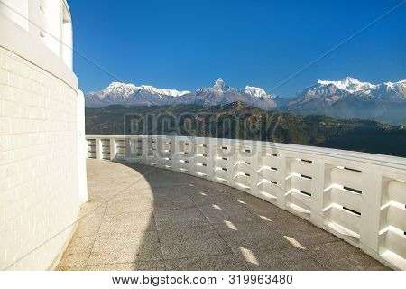 Annapurna View From World Peace Pagoda Or Stupa Near Pokhara Town, Mount Annapurna Range, Nepal Hima