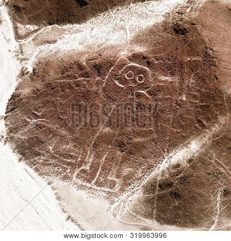 The Spaceman Or Space Man, Nazca Or Nasca Mysterious Lines And Geoglyphs Aerial View, Landmark In Pe