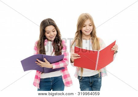 Pads Perfect For Keeping Notes. Adorable Little Girls With Colorful Writing Pads. Cute Small School 