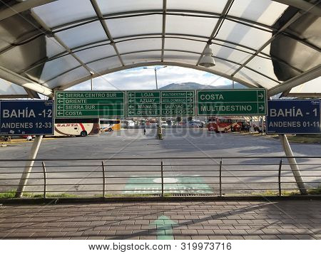 Quito - Ecuador, 22-9-2019: Signs In Quitumbe Telling Which Bus Leaves From Where