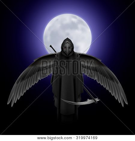 Plague Doctor With Huge Wings Over Full Moon Background. Medieval Death Symbol Plague Doctor Mask Fo