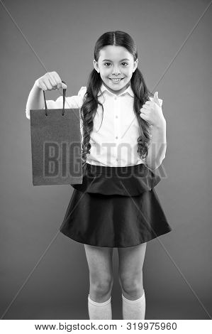 Thumbs Up For Sale. Cute Small Child Showing Ok Sign To Purchase Bought At Sale On Orange Background