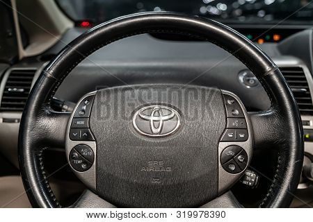 Novosibirsk, Russia - August 19, 2019: Toyota Prius, Close-up Of The Dashboard, Speedometer, Tachome