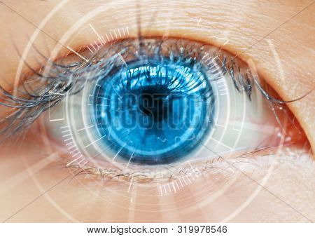 Close Up Women Eye Scanning Technology In The Futuristic, Operation, Lasik, Cataract.