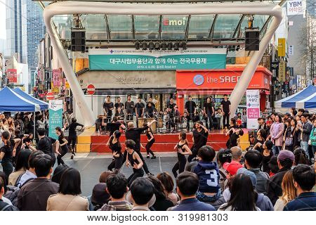 Daegu, South Korea - April 6, 2019 : People Walking At Dongseongno Shopping Street And Watching Spec