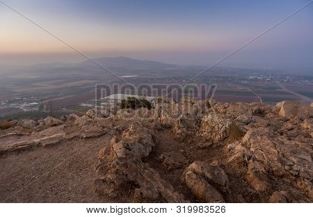 Morning View At Morning Sunrice From Mount Precipice On A Nearby Valley Near Nazareth In Israel